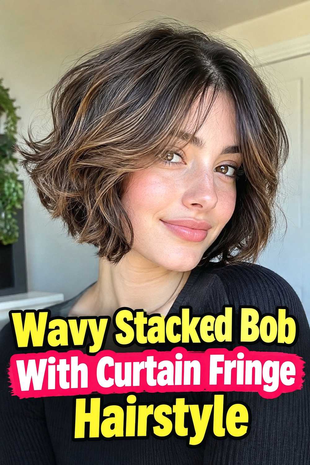 2. Wavy Stacked Bob With Curtain Fringe Hairstyle