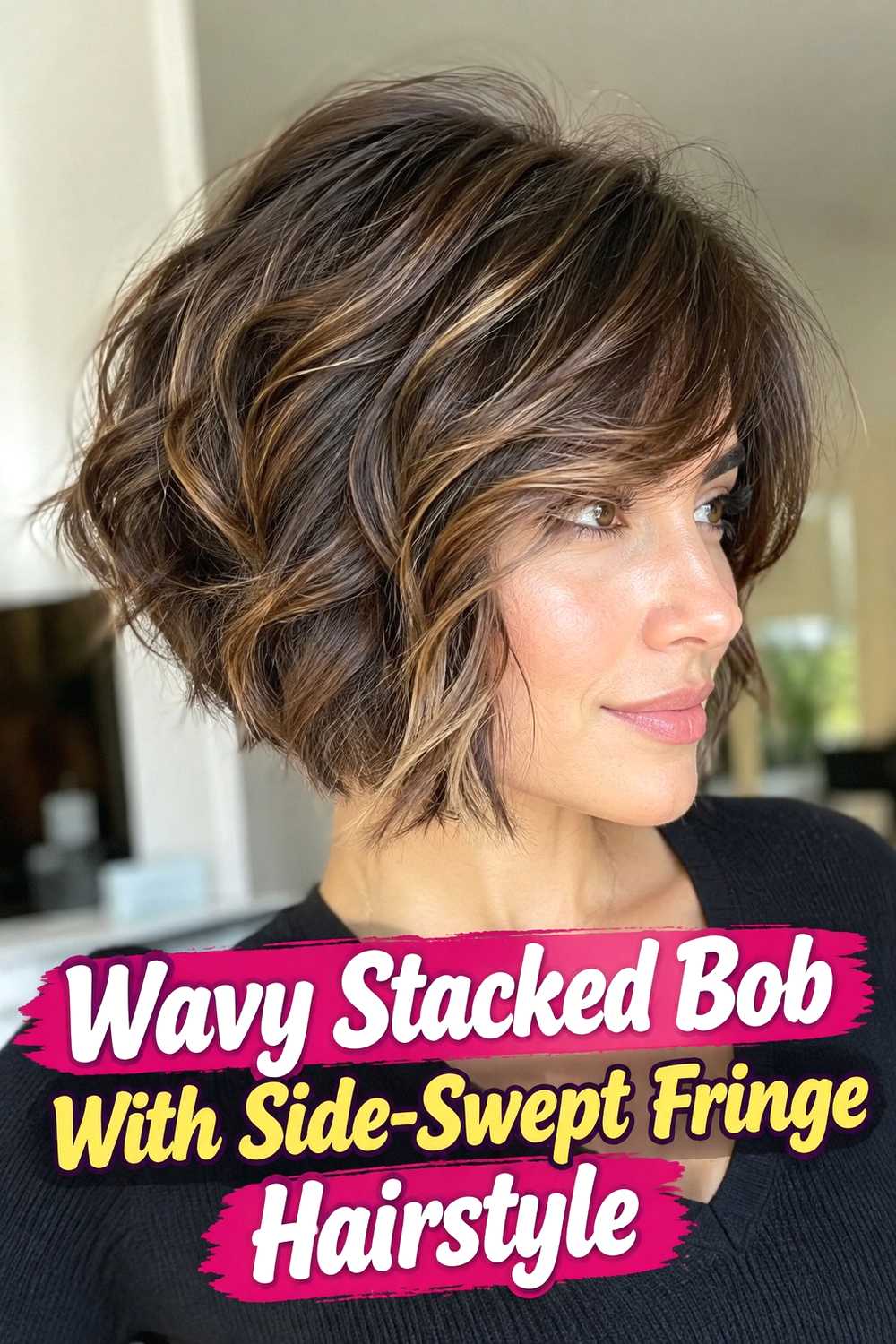 6. Wavy Stacked Bob With Side Swept Fringe Hairstyle
