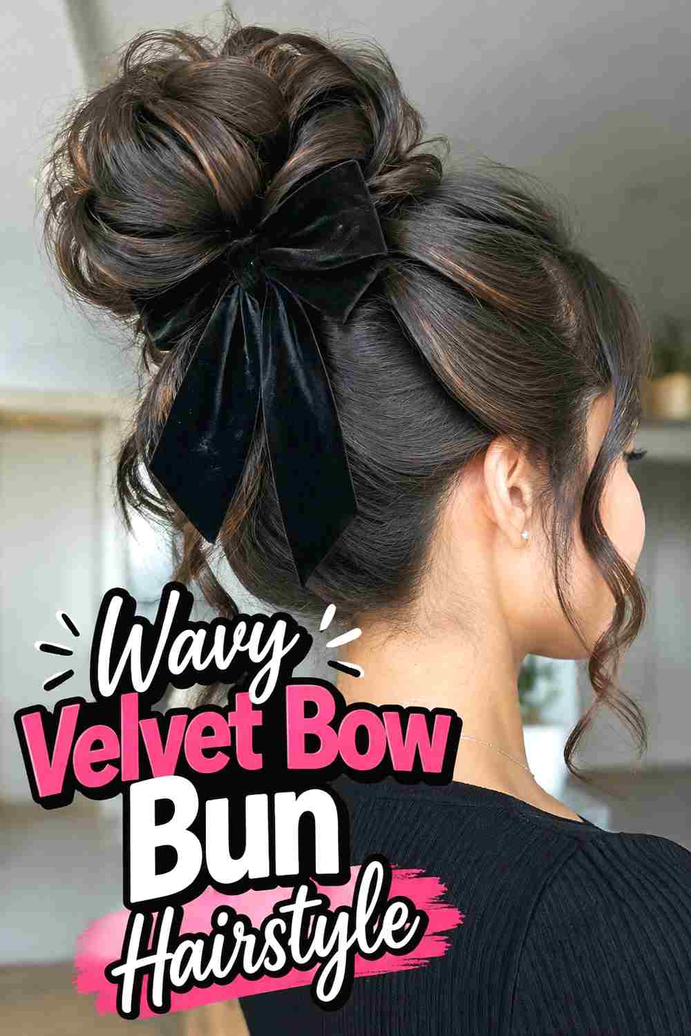 9. Wavy Velvet Bow Bun Hairstyle