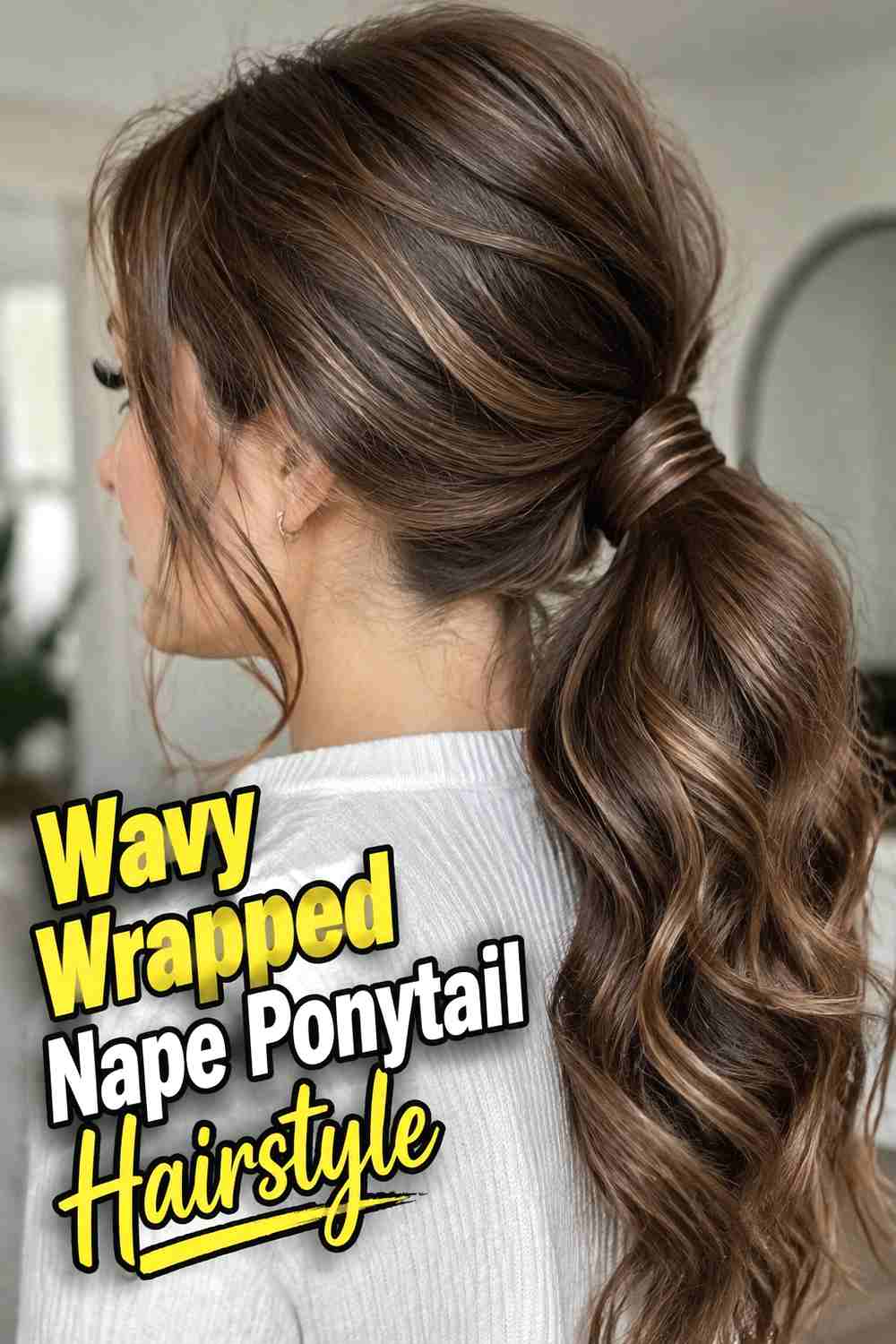 6. Wavy Wrapped Nape Ponytail Hairstyle