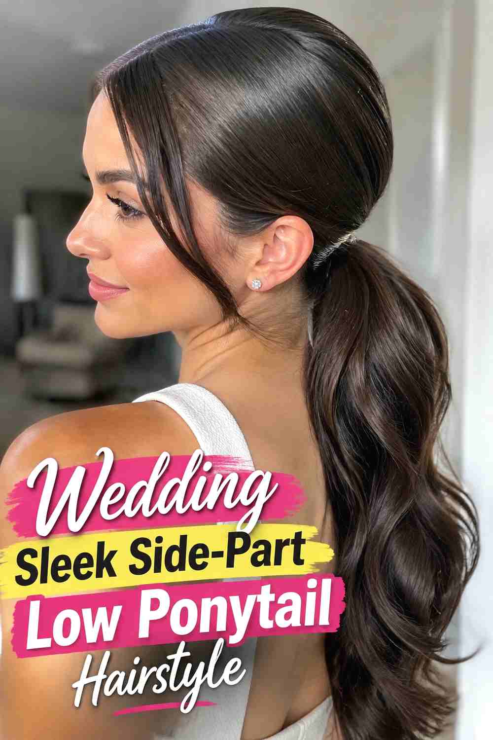 14. Wedding Sleek Side Part Low Ponytail Hairstyle