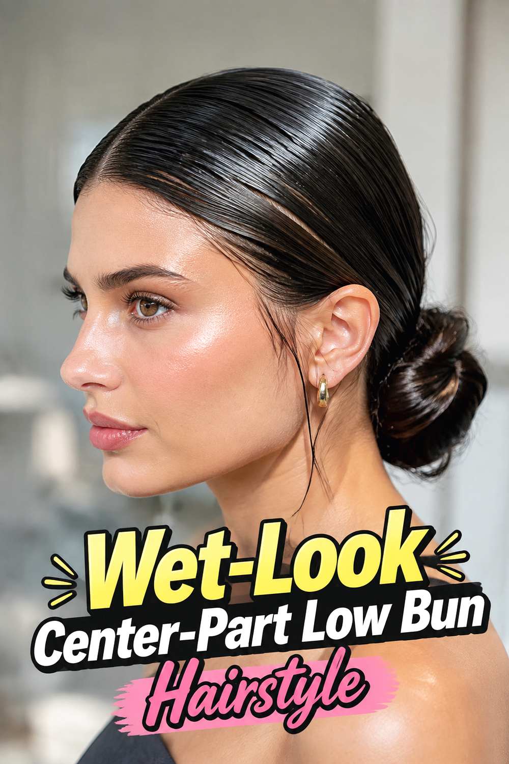 Wet-Look Center-Part Low Bun Hairstyle