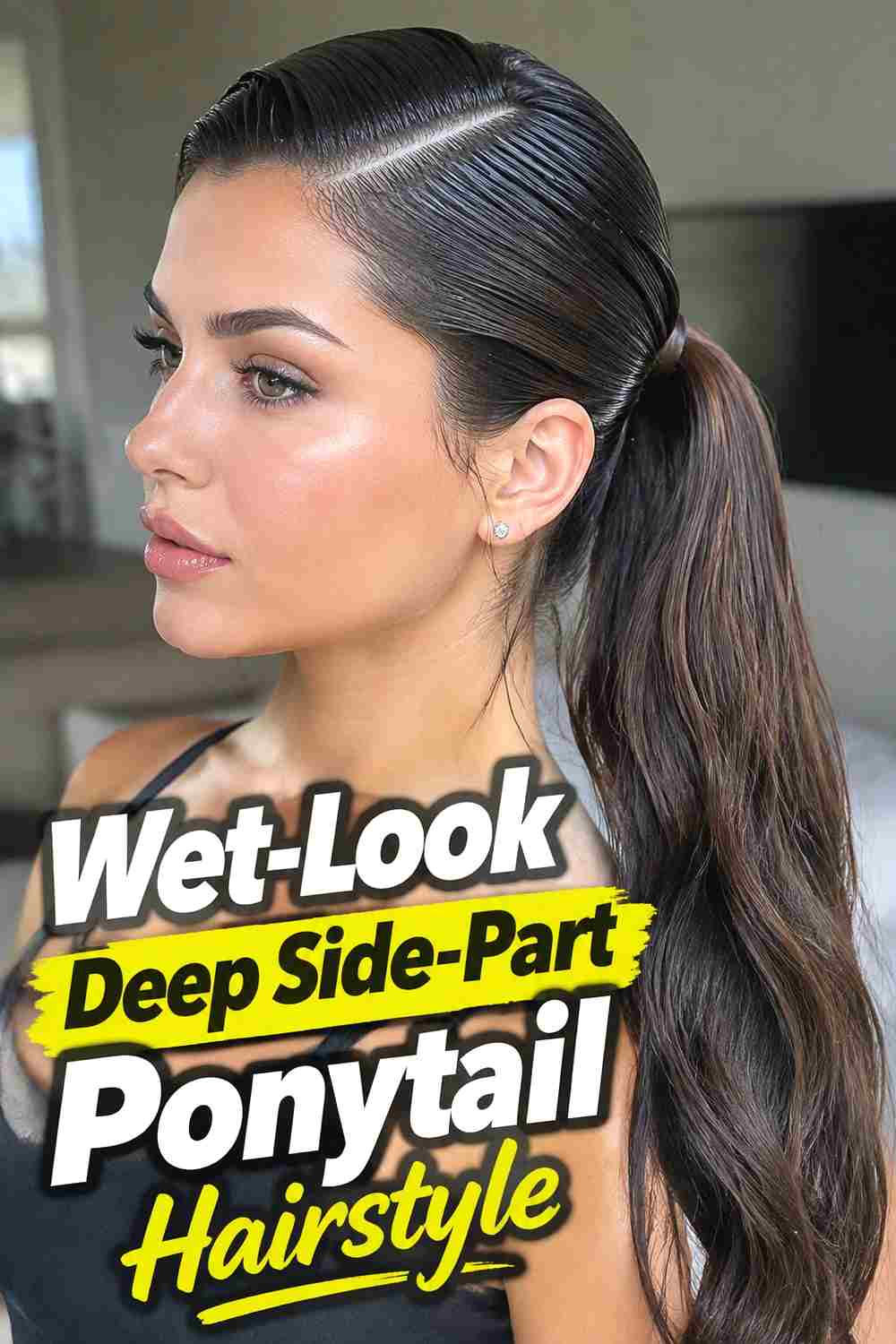 19. Wet Look Deep Side Part Ponytail Hairstyle