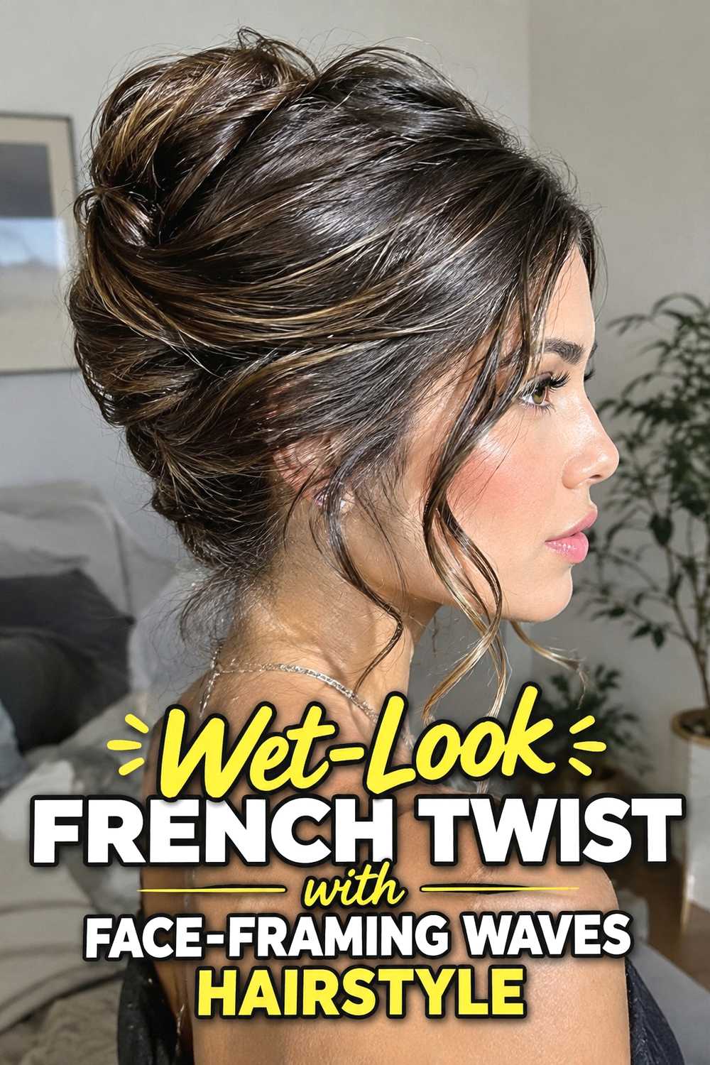 11. Wet Look French Twist With Face Framing Waves Hairstyle