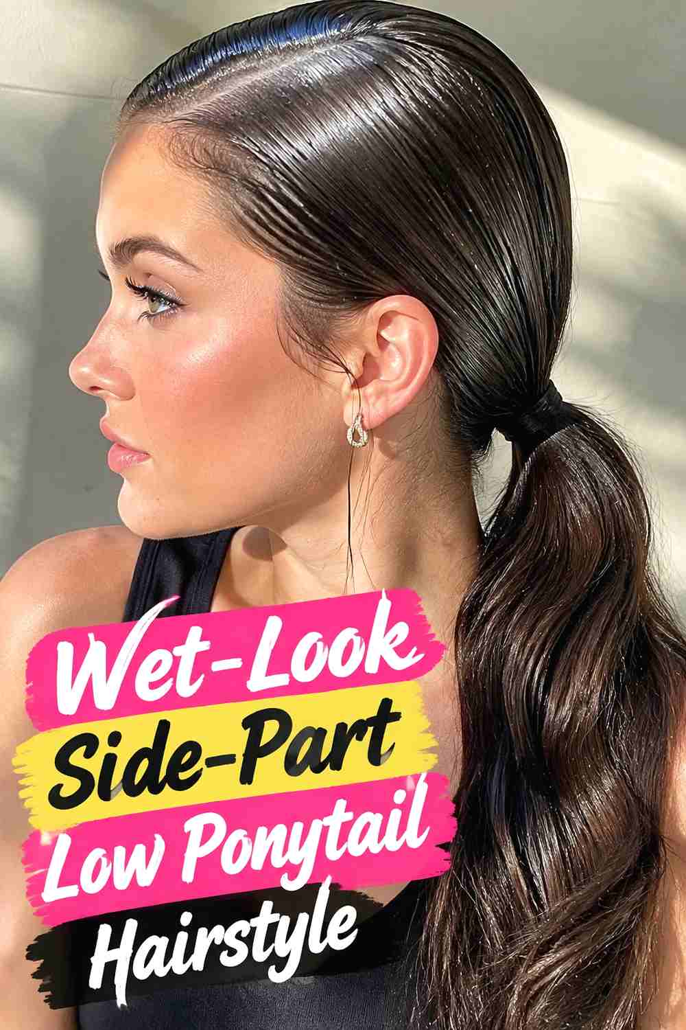 11. Wet Look Side Part Low Ponytail Hairstyle