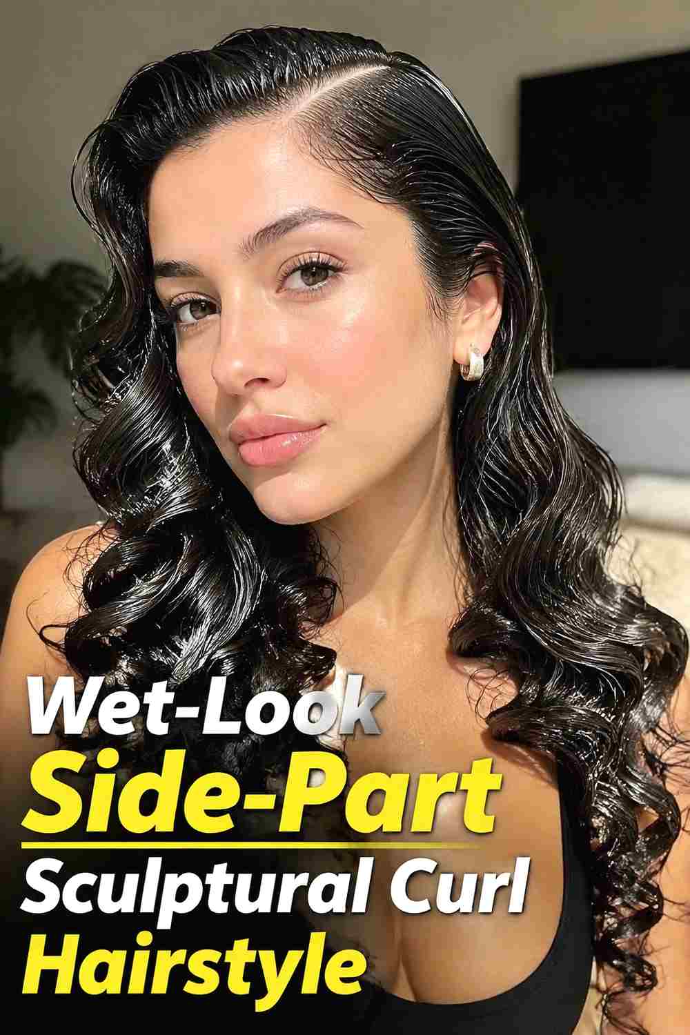 7. Wet Look Side Part Sculptural Curl Hairstyle