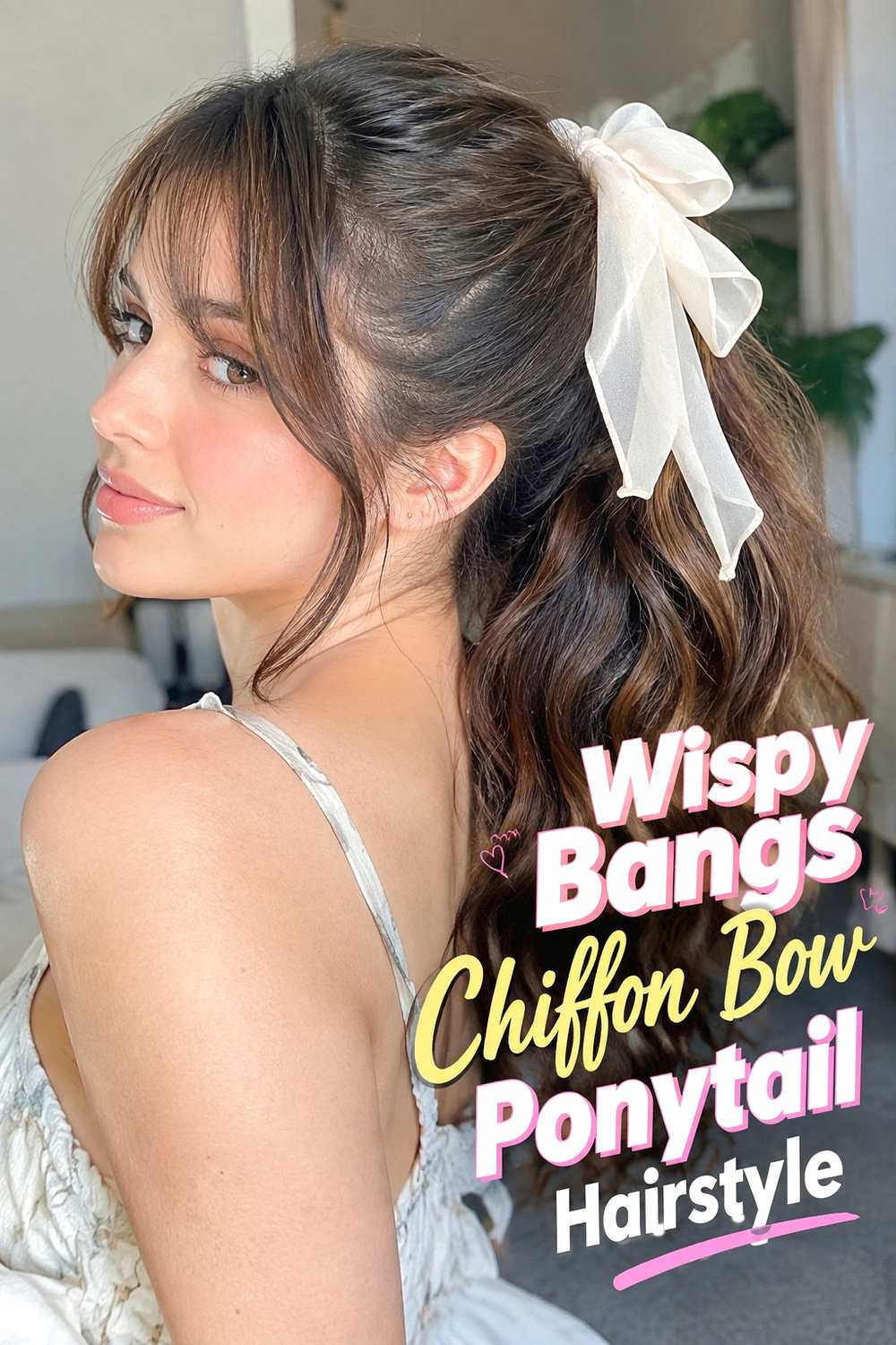 13. Wispy Bangs Chiffon Bow Ponytail Hairstyle