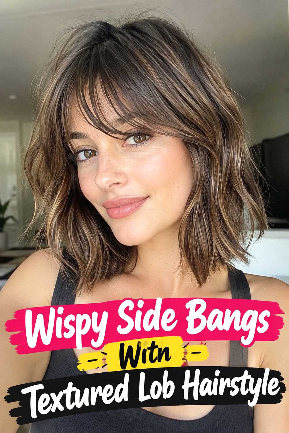 7. Wispy Side Bangs With Textured Lob Hairstyle