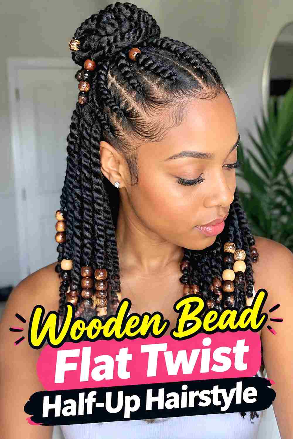 10. Wooden Bead Flat Twist Half Up Hairstyle