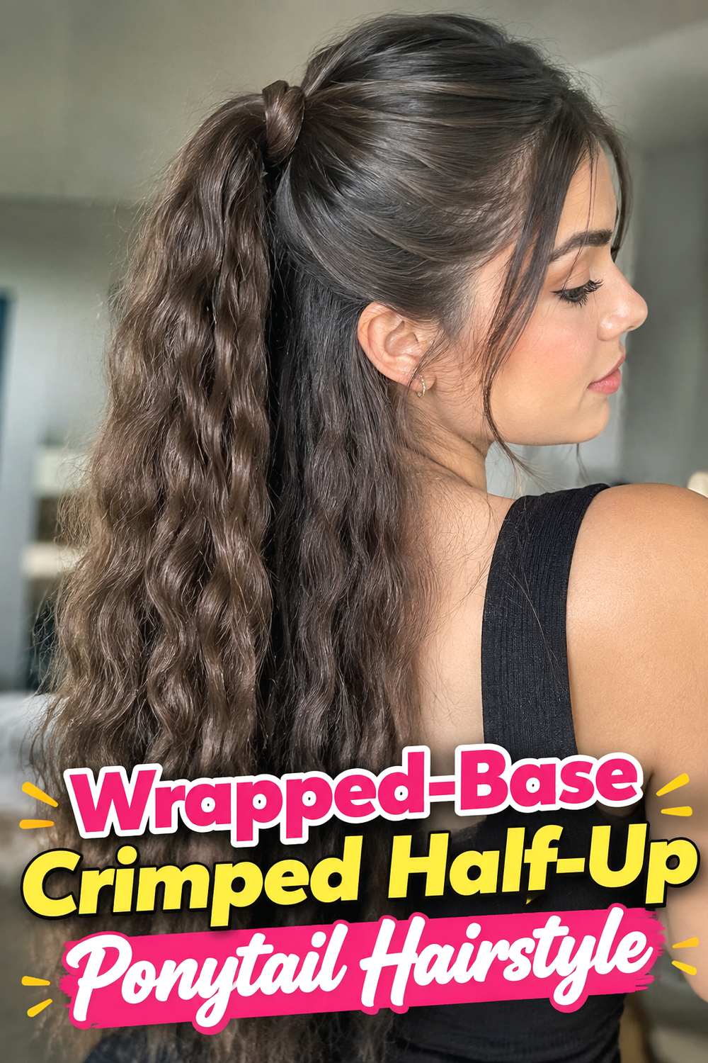 Wrapped-Base Crimped Half-Up Ponytail Hairstyle