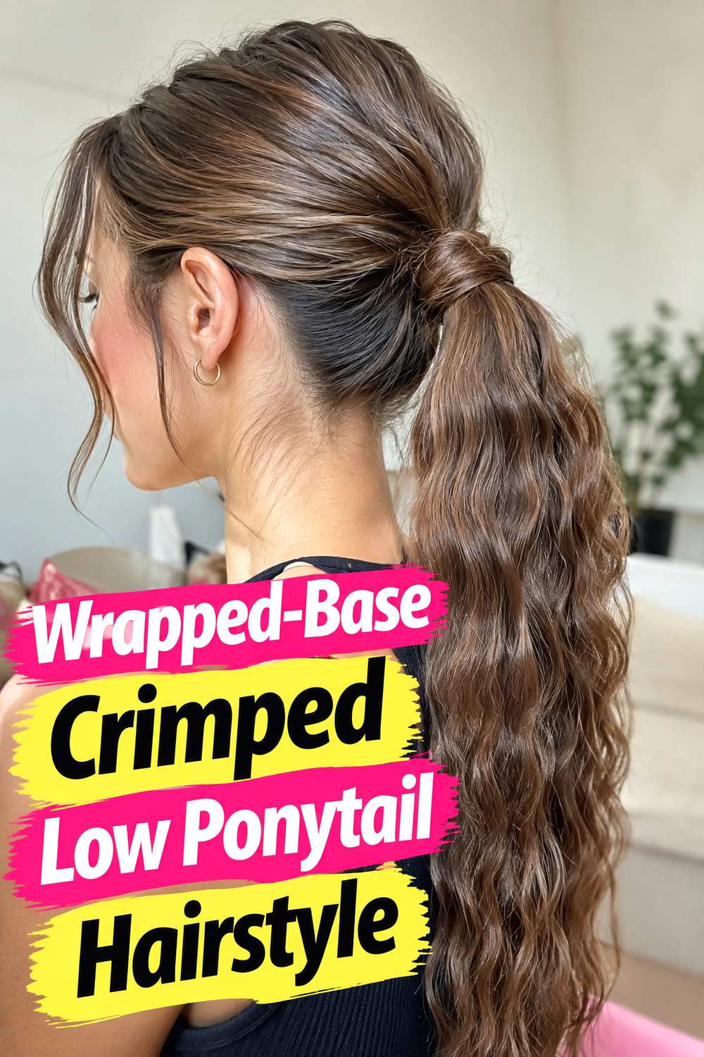 Wrapped-Base Crimped Low Ponytail Hairstyle