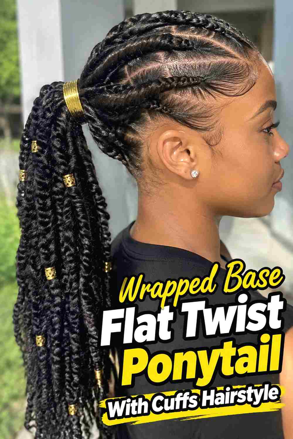 15. Wrapped Base Flat Twist Ponytail With Cuffs Hairstyle