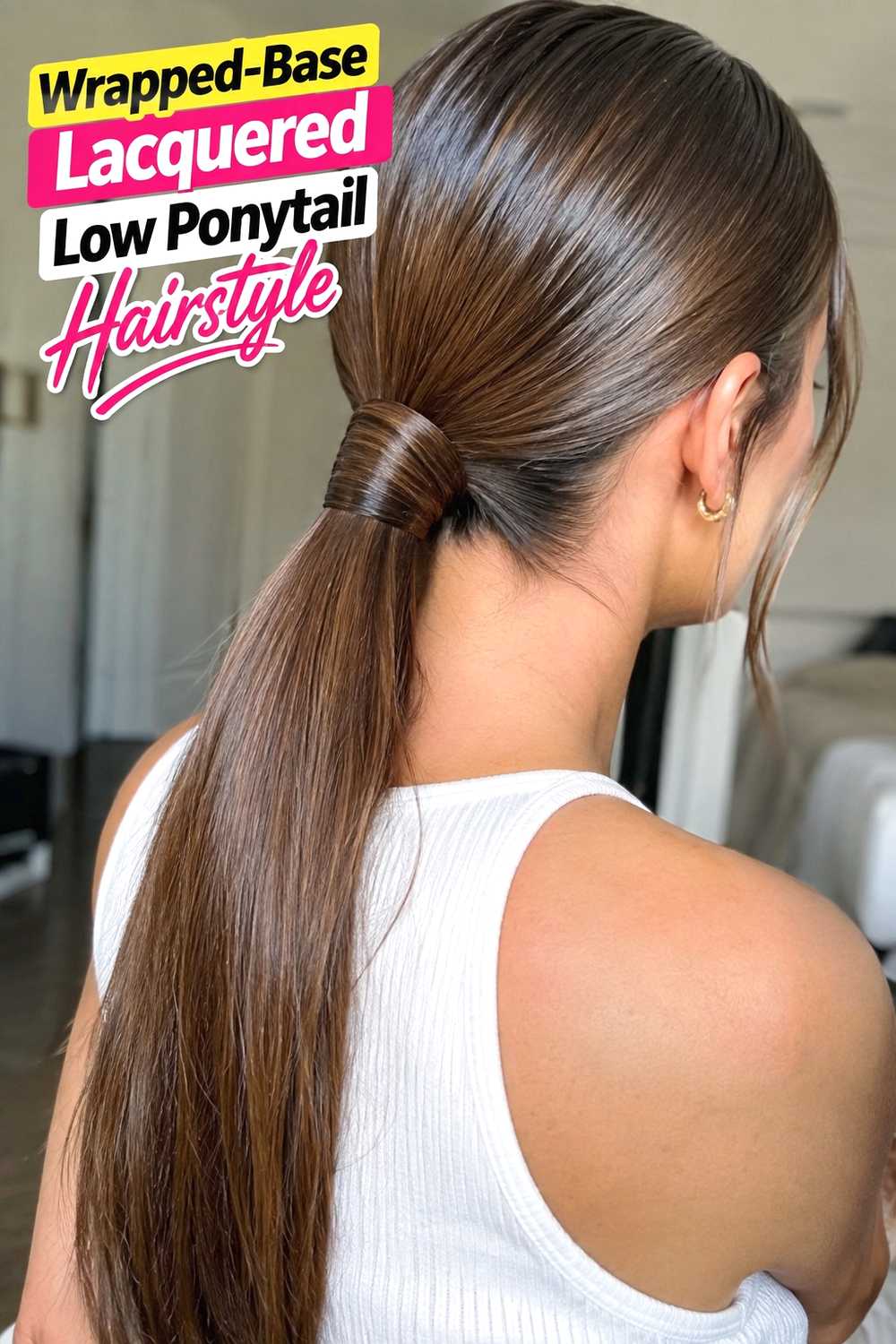 3. Wrapped Base Lacquered Low Ponytail Hairstyle