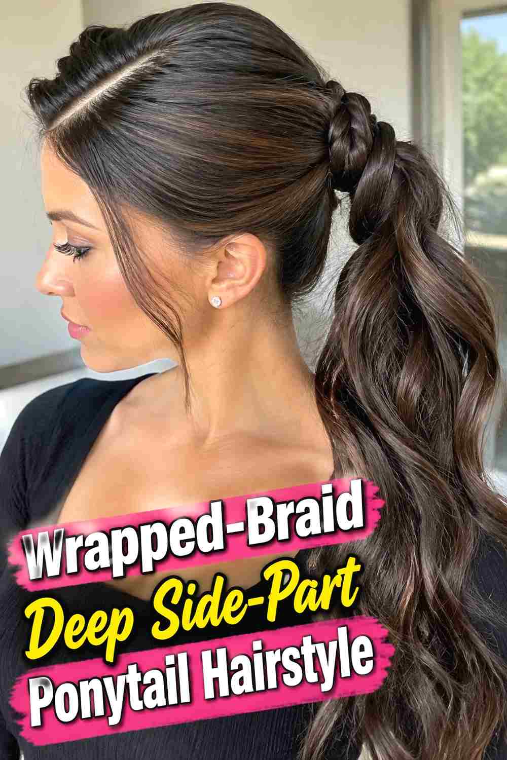 16. Wrapped Braid Deep Side Part Ponytail Hairstyle
