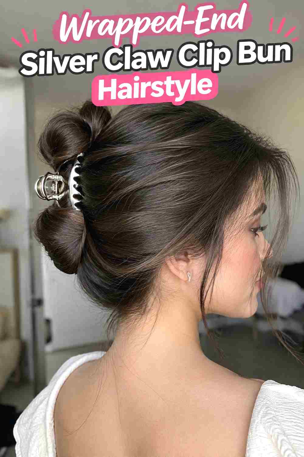 17. Wrapped End Silver Claw Clip Bun Hairstyle