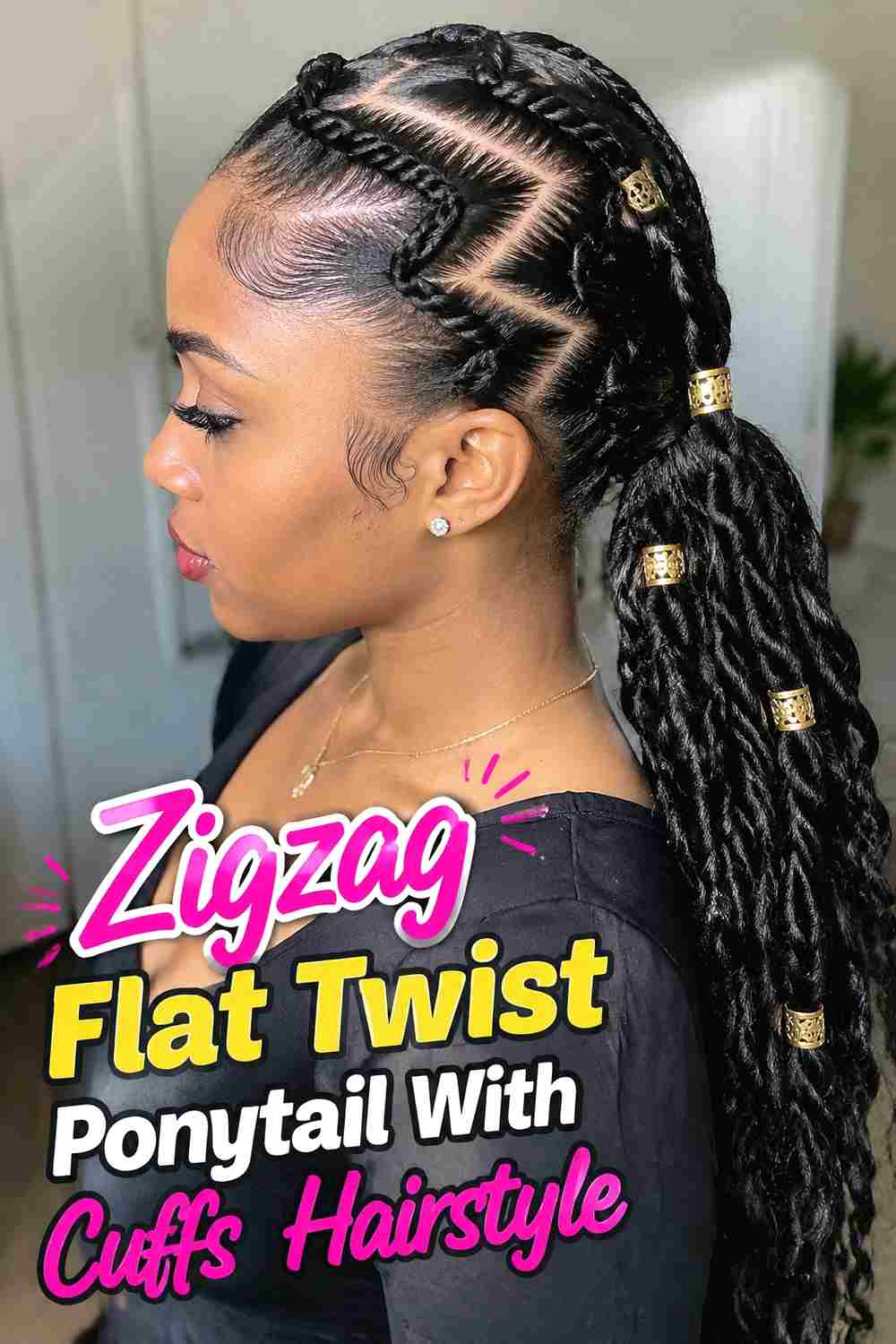 7. Zigzag Flat Twist Ponytail With Cuffs Hairstyle