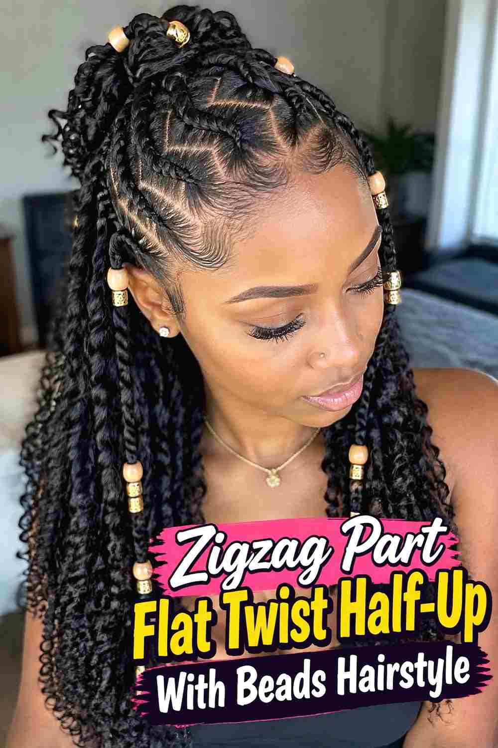 7. Zigzag Part Flat Twist Half Up With Beads Hairstyle