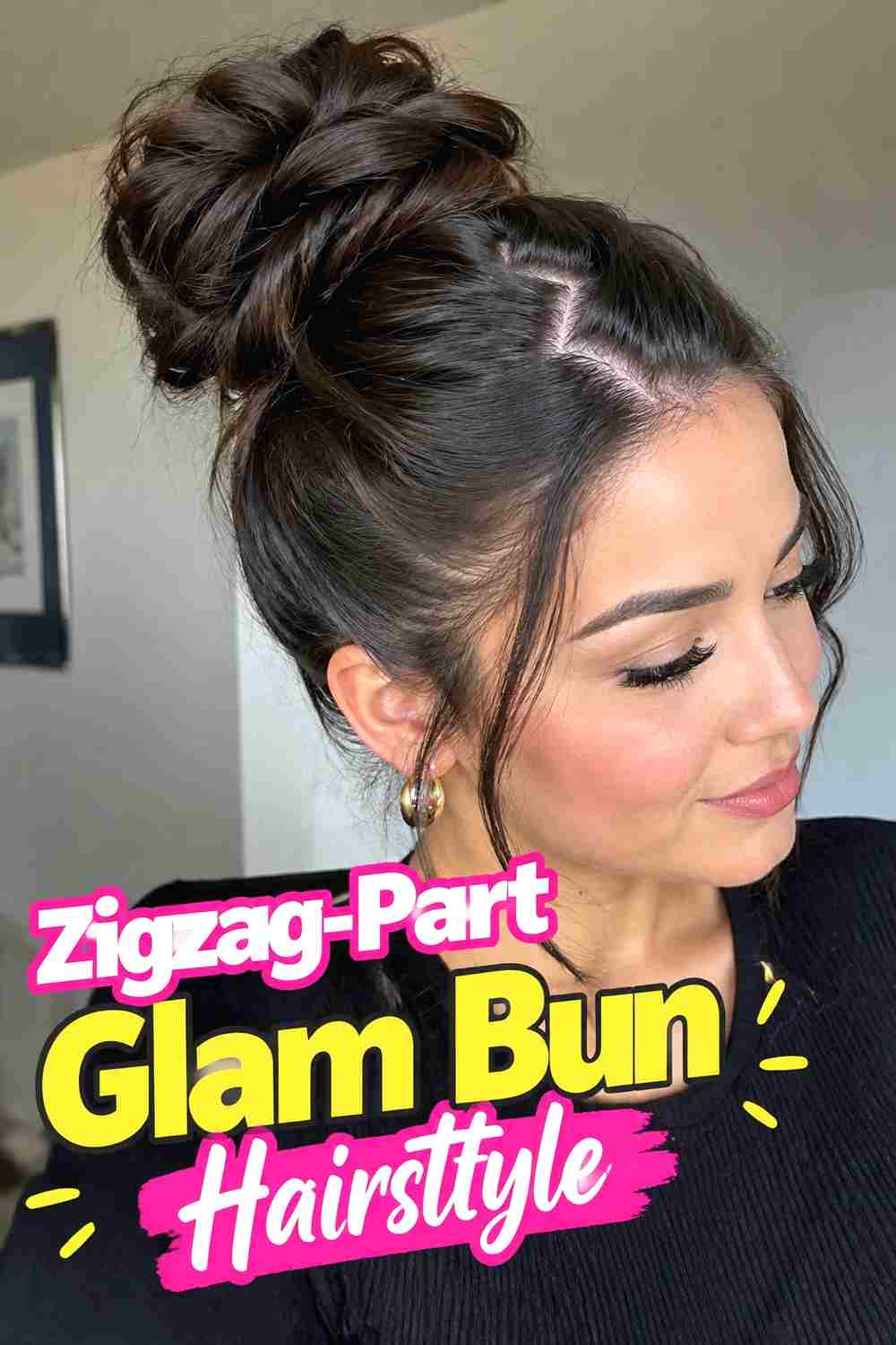 4. Zigzag Part Glam Bun Hairstyle