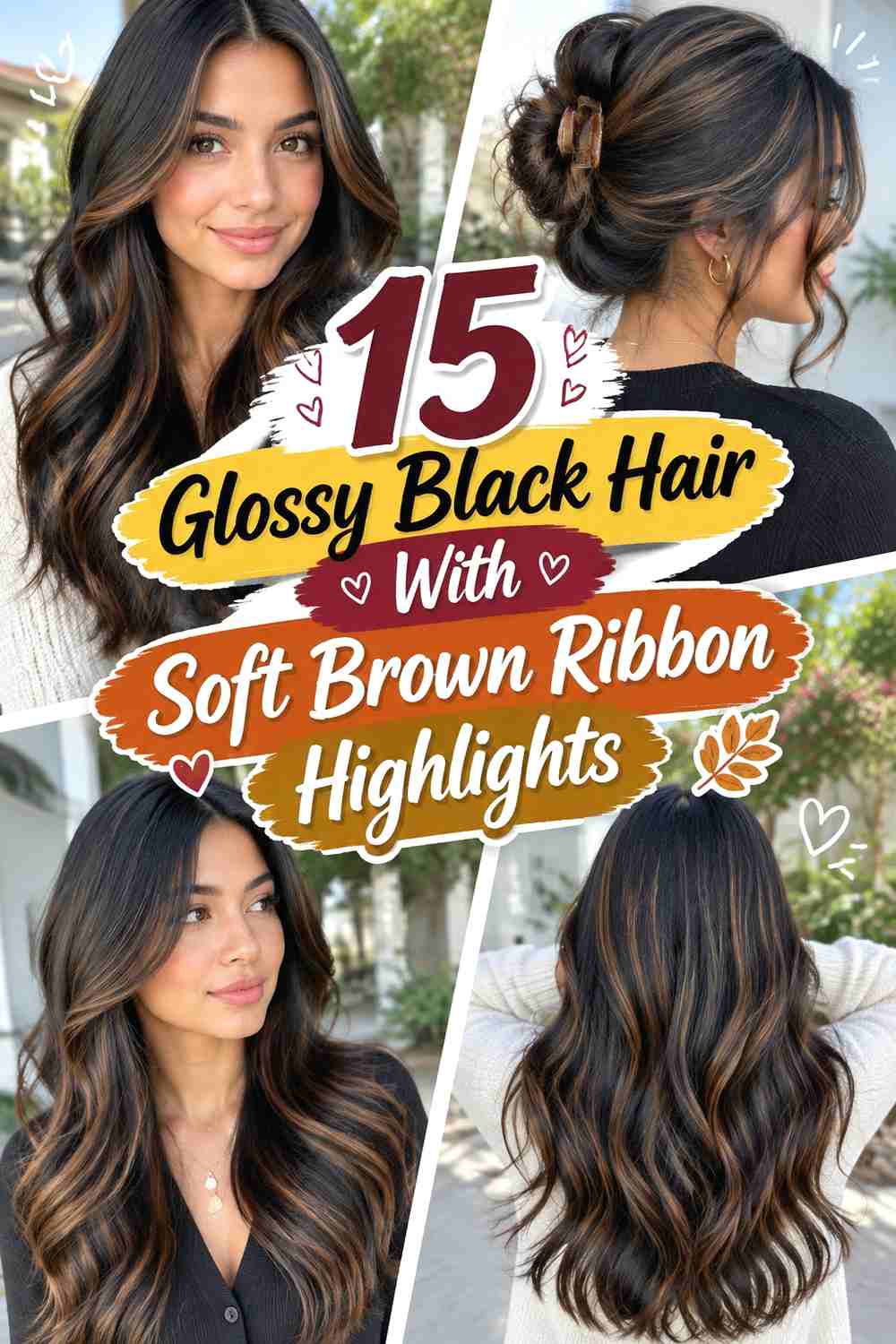 15 Glossy Black Hair With Soft Brown Ribbon Highlights