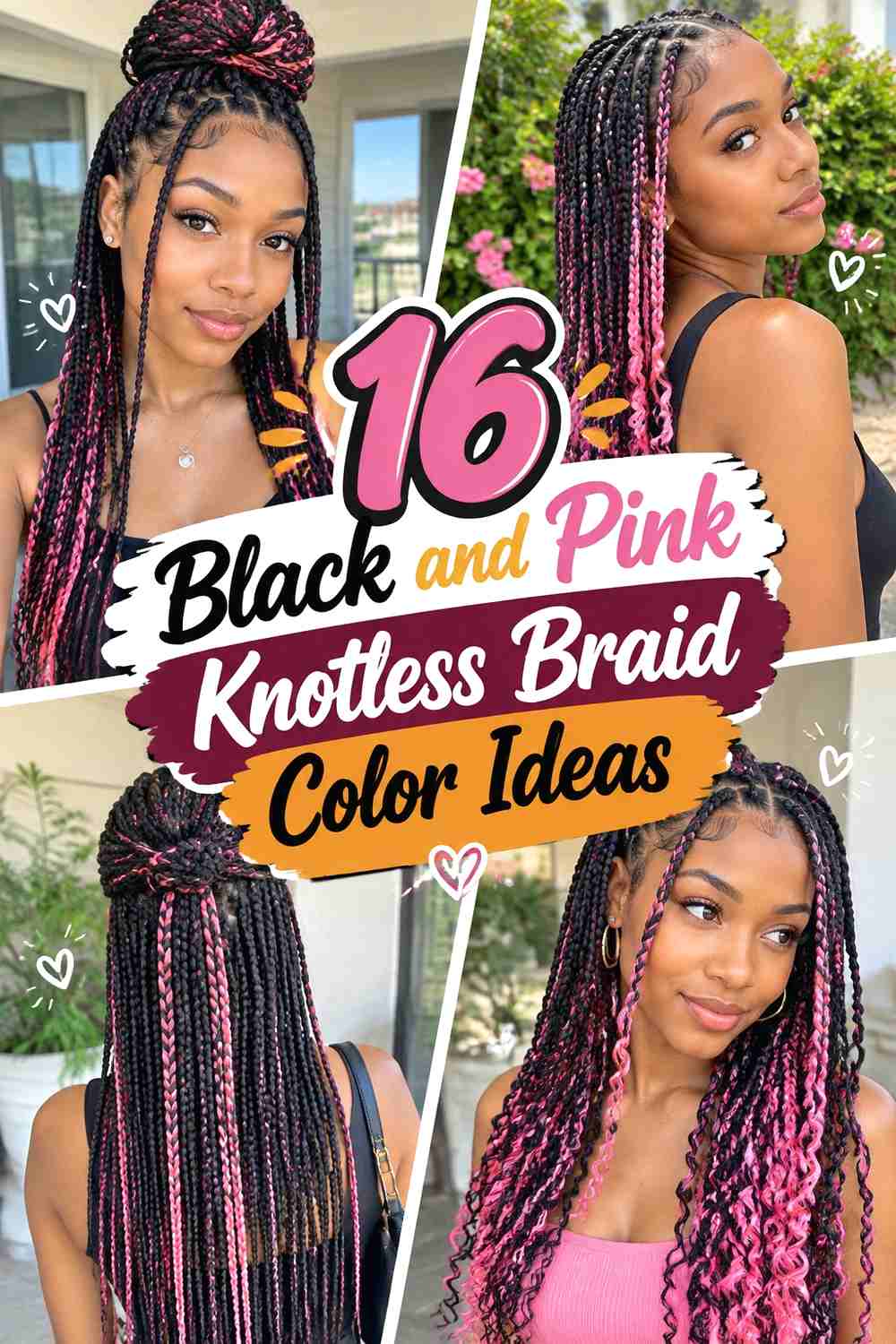 16 Black and Pink Knotless Braid Color Ideas