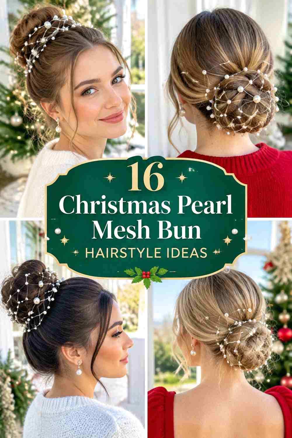 16 Christmas Pearl Mesh Bun Hairstyle Ideas