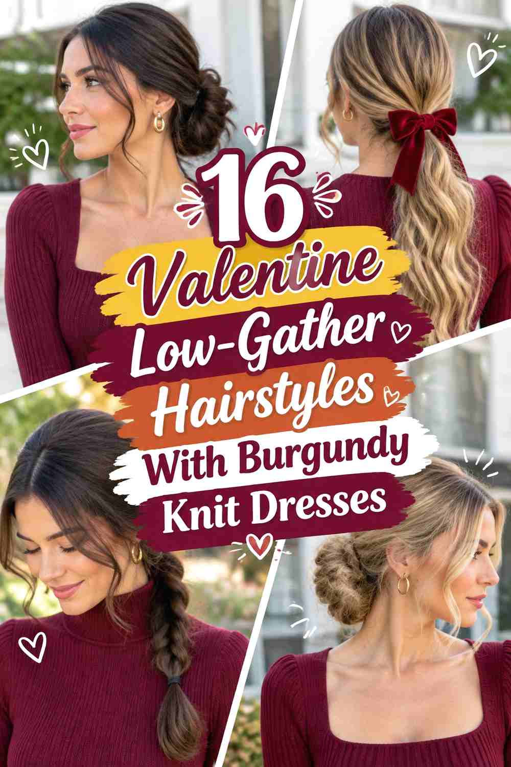 16 Valentine Low-Gather Hairstyles With Burgundy Knit Dresses