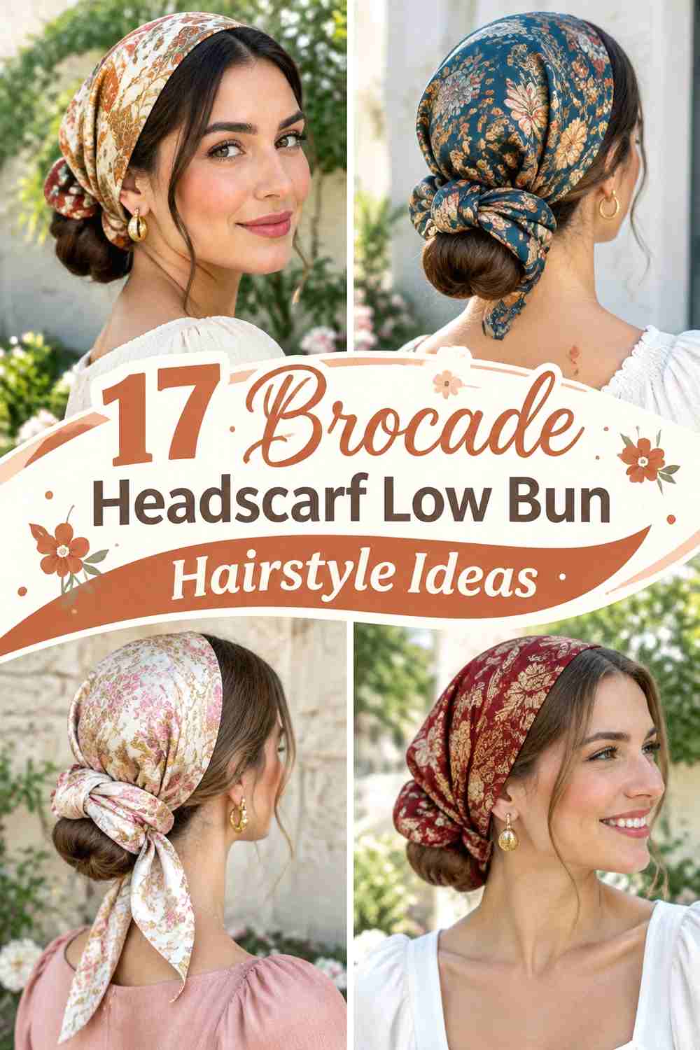 17 Brocade Headscarf Low Bun Hairstyle Ideas