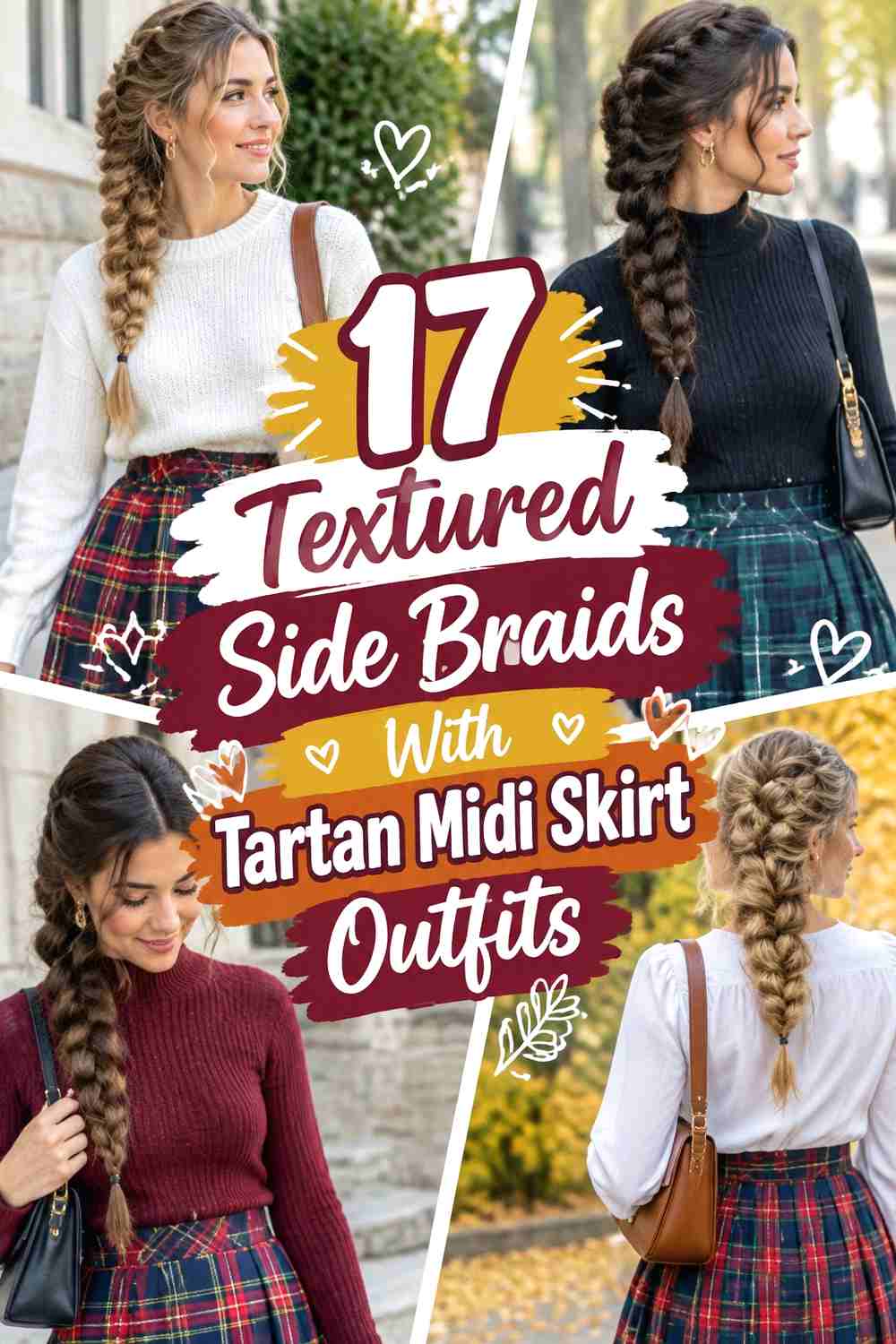 17 Textured Side Braids With Tartan Midi Skirt Outfits