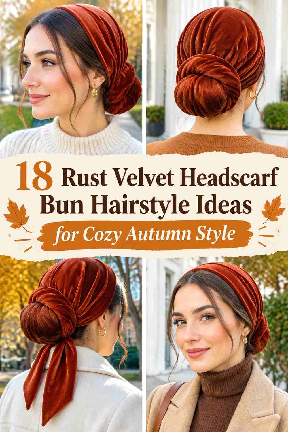 18 Rust Velvet Headscarf Bun Hairstyle Ideas for Cozy Autumn Style