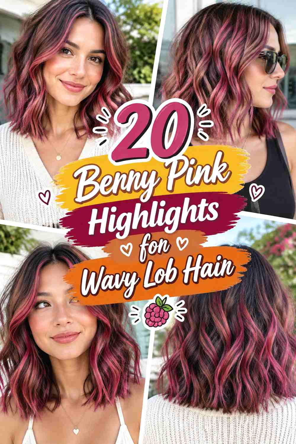 20 Berry Pink Highlights for Wavy Lob Hair