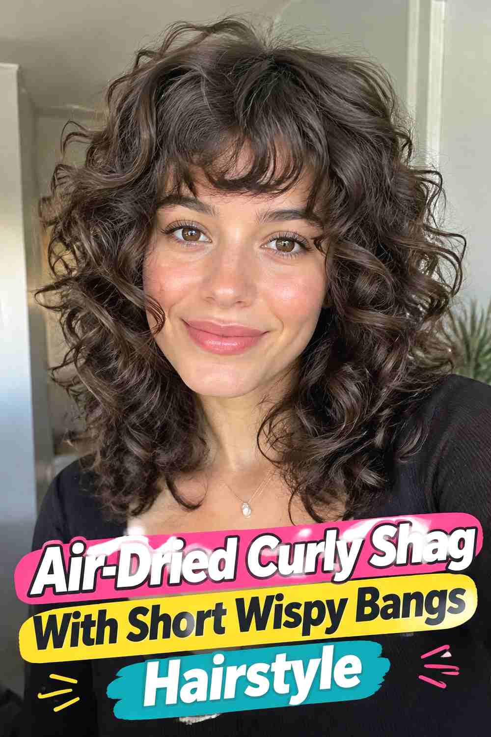 16. Air Dried Curly Shag With Short Wispy Bangs Hairstyle
