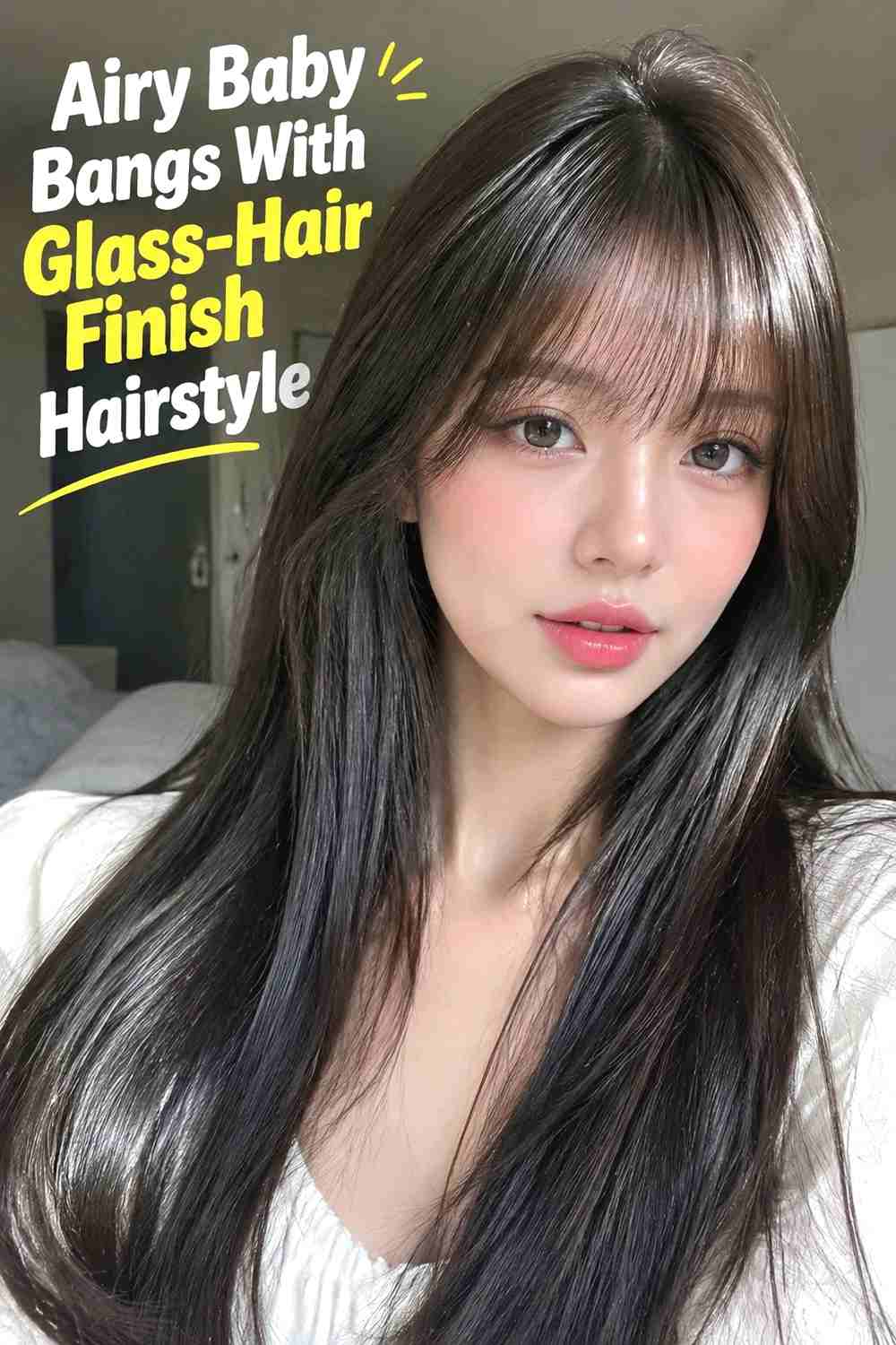 10. Airy Baby Bangs With Glass Hair Finish Hairstyle
