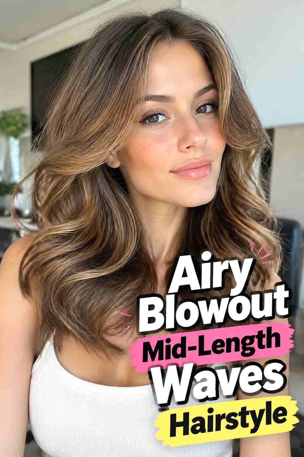 6. Airy Blowout Mid Length Waves Hairstyle