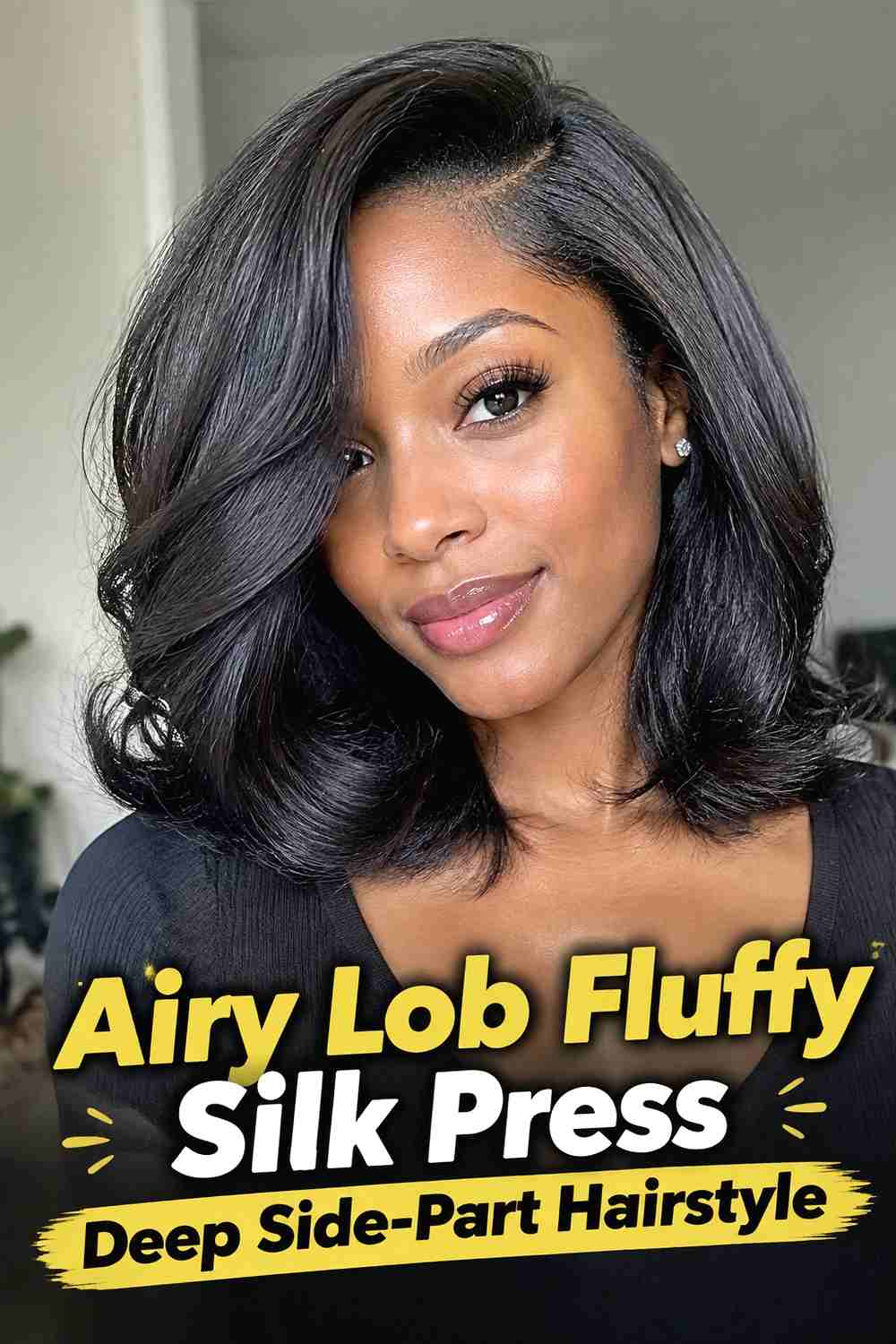 15. Airy Lob Fluffy Silk Press Deep Side Part Hairstyle