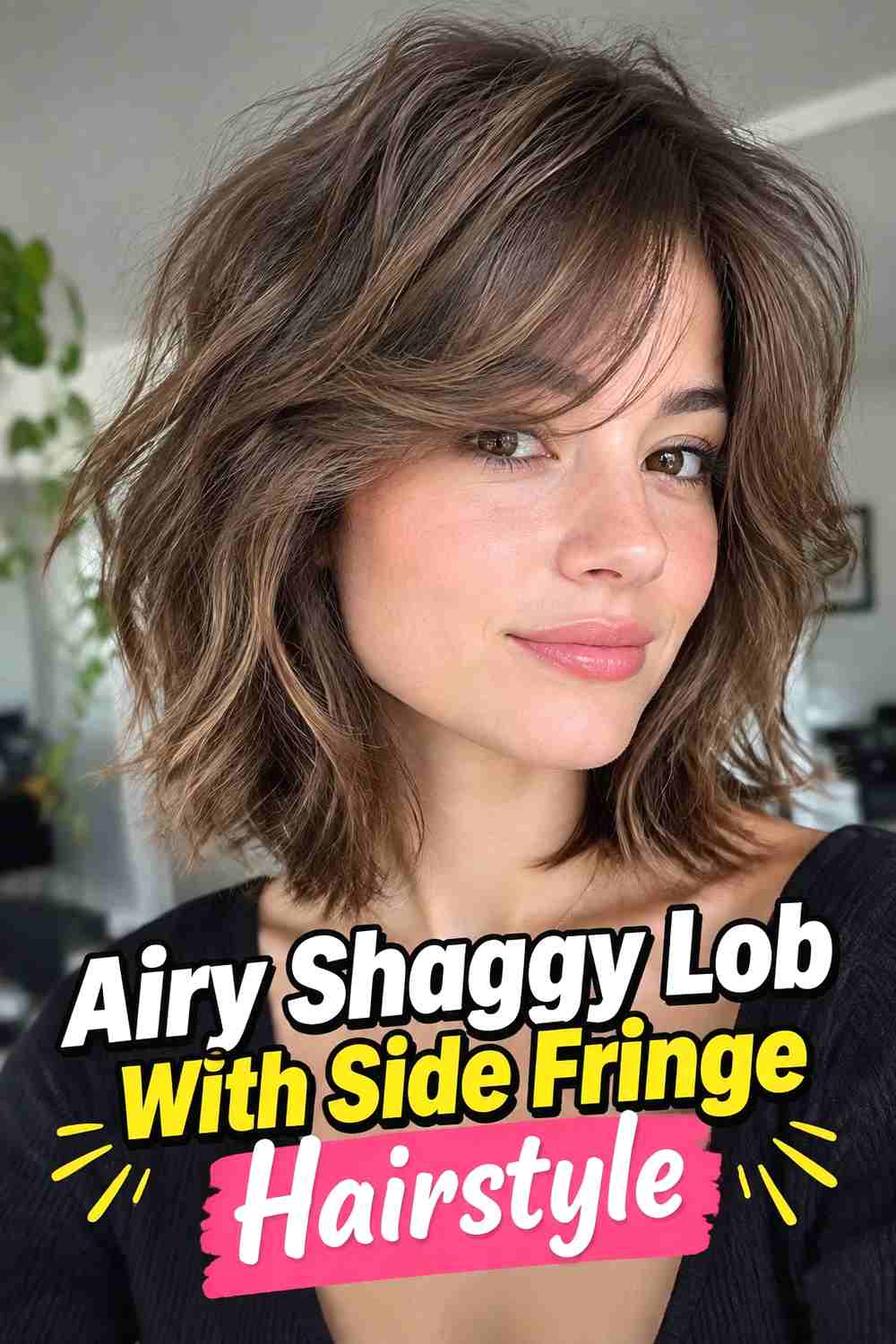 17. Airy Shaggy Lob With Side Fringe Hairstyle
