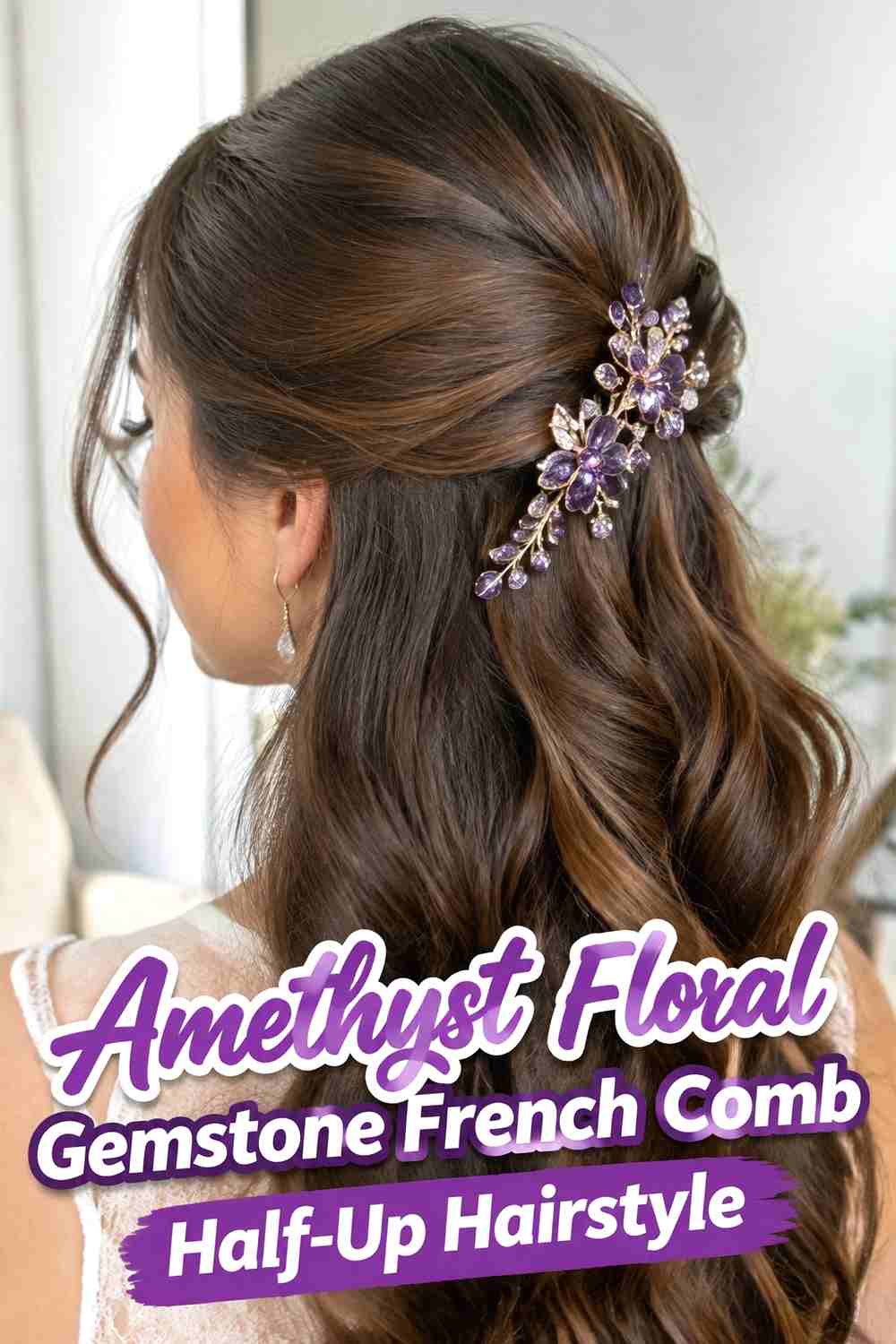 4. Amethyst Floral Gemstone French Comb Half Up Hairstyle