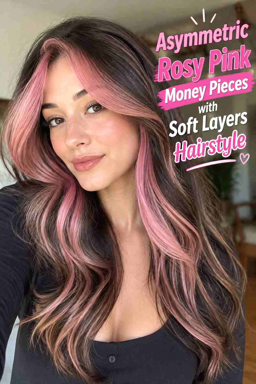13. Asymmetric Rosy Pink Money Pieces With Soft Layers Hairstyle