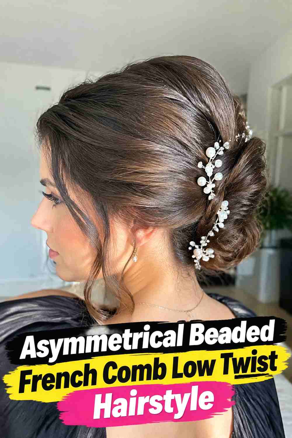 11. Asymmetrical Beaded French Comb Low Twist Hairstyle