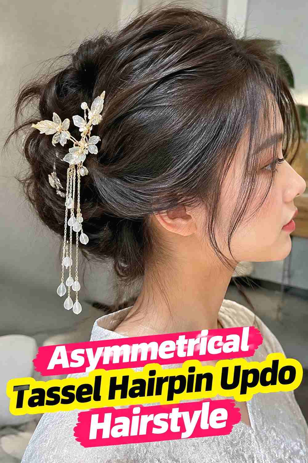 20. Asymmetrical Tassel Hairpin Updo Hairstyle