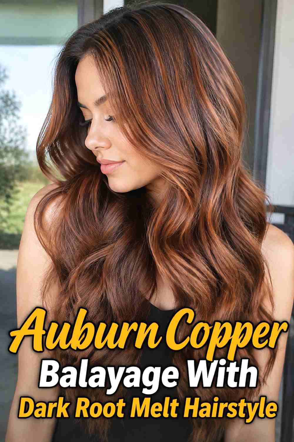 12. Auburn Copper Balayage With Dark Root Melt Hairstyle