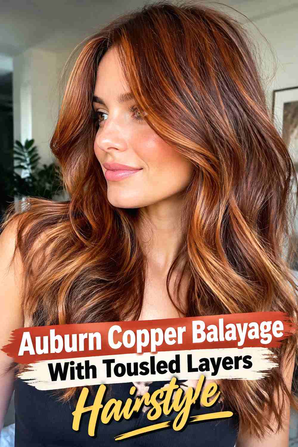 14. Auburn Copper Balayage With Tousled Layers Hairstyle