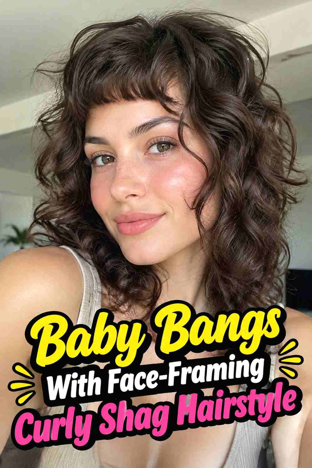 12. Baby Bangs With Face Framing Curly Shag Hairstyle