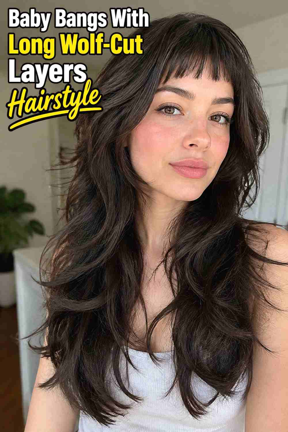 13. Baby Bangs With Long Wolf Cut Layers Hairstyle