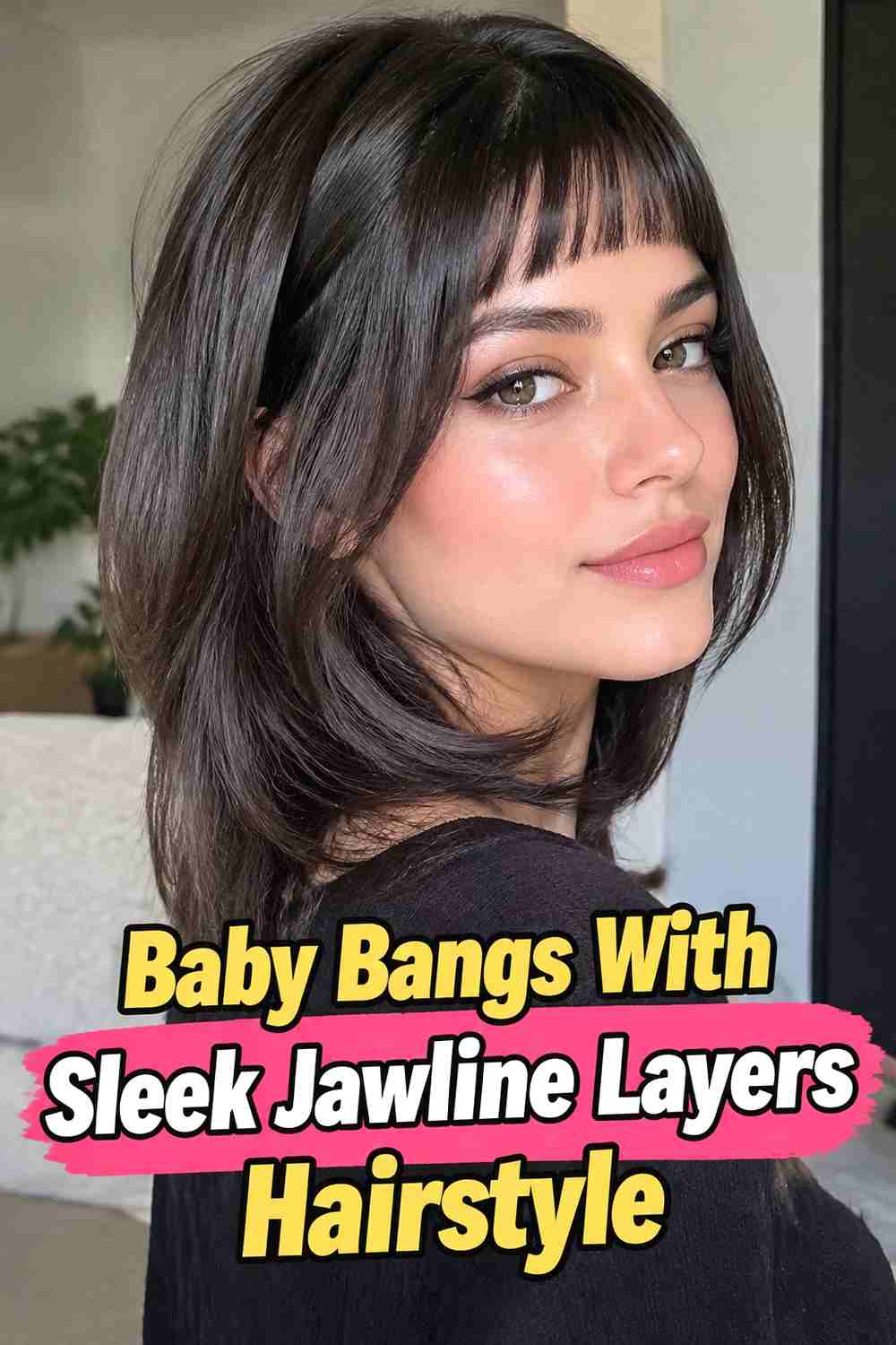 13. Baby Bangs With Sleek Jawline Layers Hairstyle