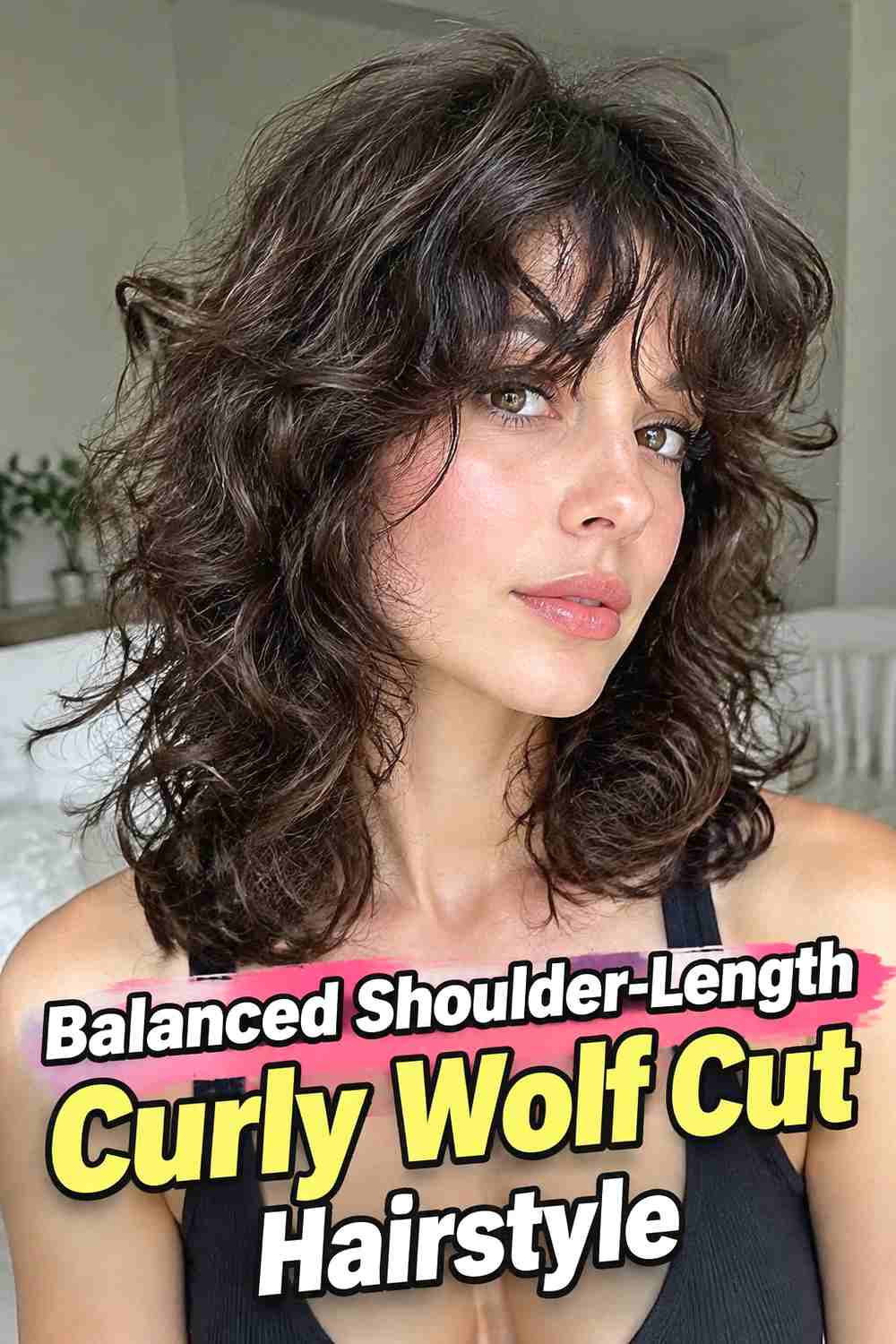 16. Balanced Shoulder Length Curly Wolf Cut Hairstyle