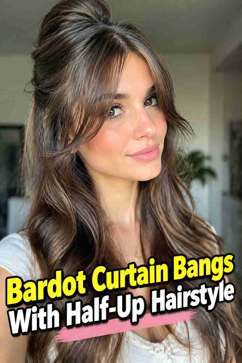 8. Bardot Curtain Bangs With Half Up Hairstyle