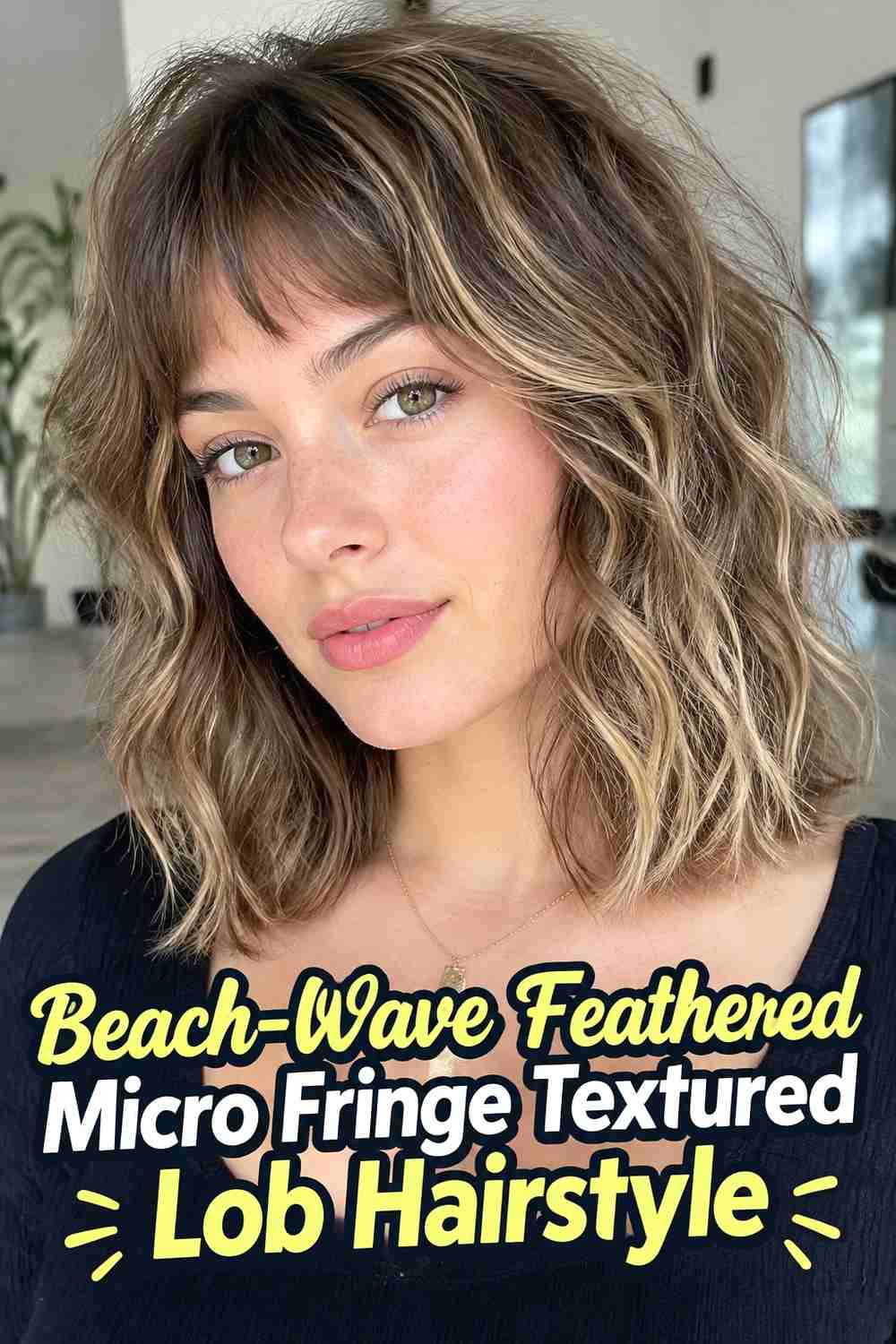 16. Beach Wave Feathered Micro Fringe Textured Lob Hairstyle