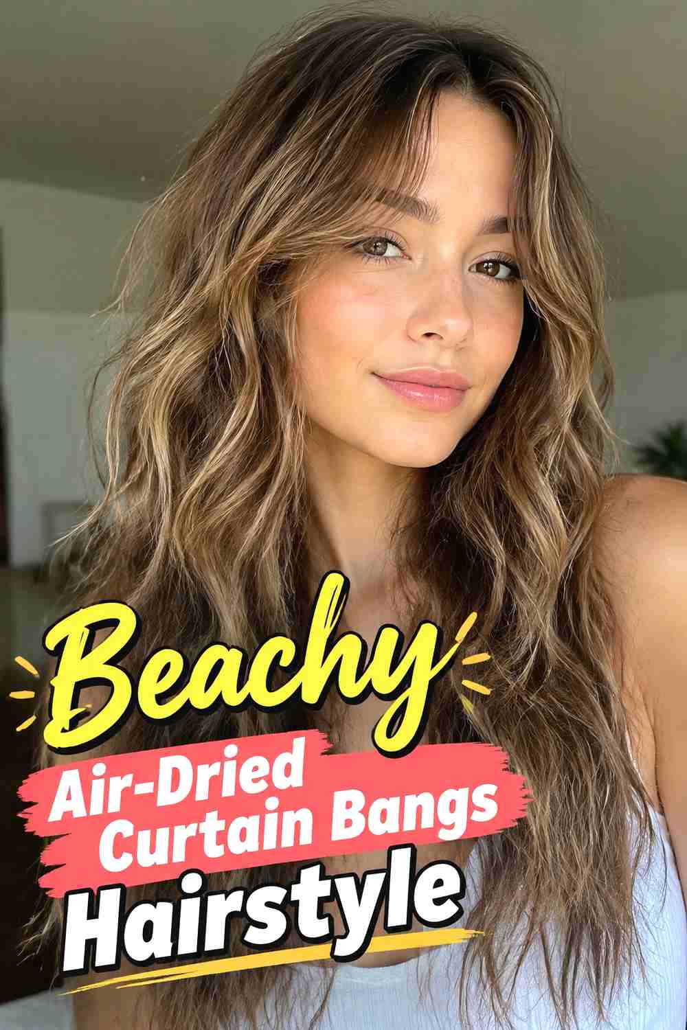 5. Beachy Air Dried Curtain Bangs Hairstyle