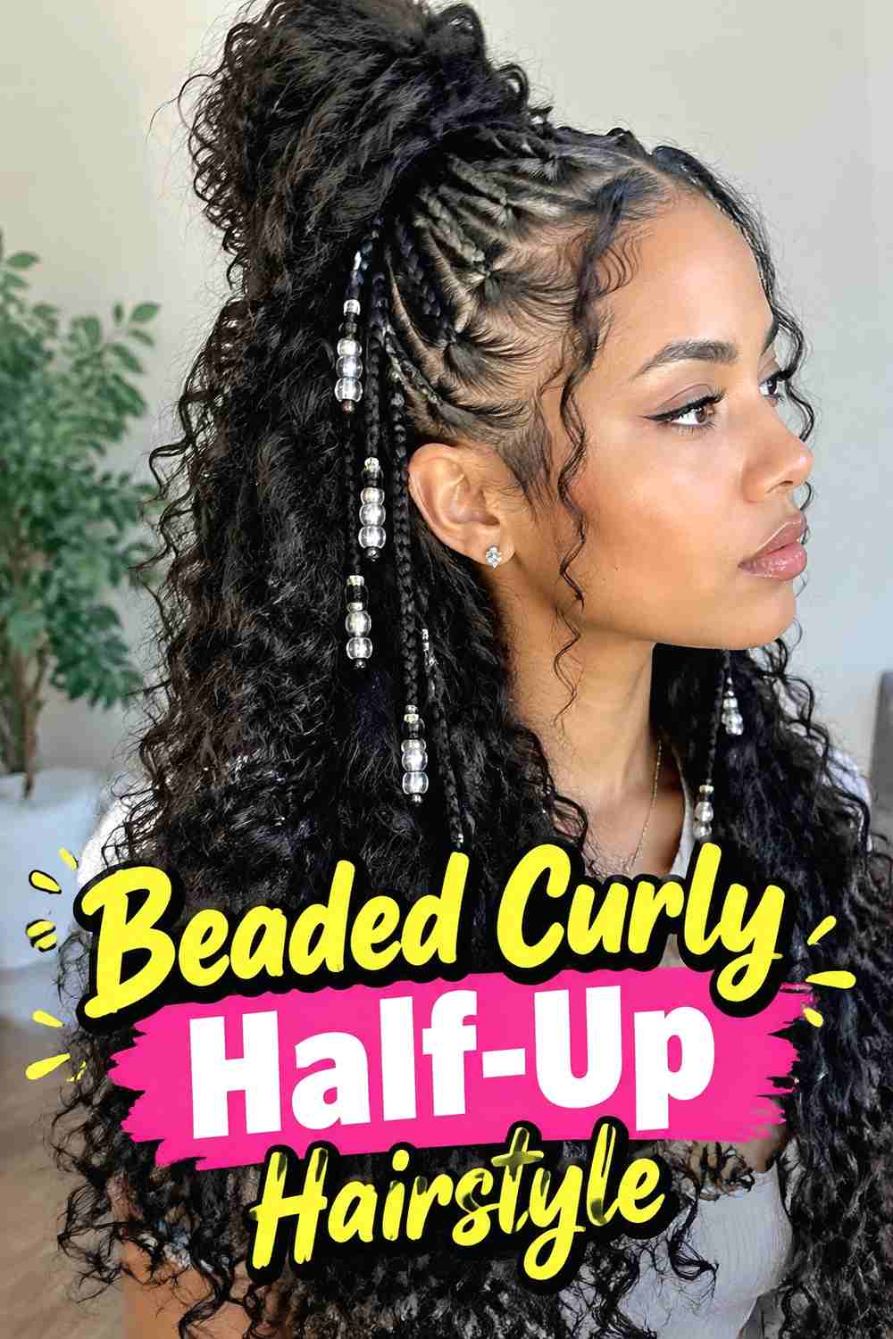 16. Beaded Curly Half Up Hairstyle