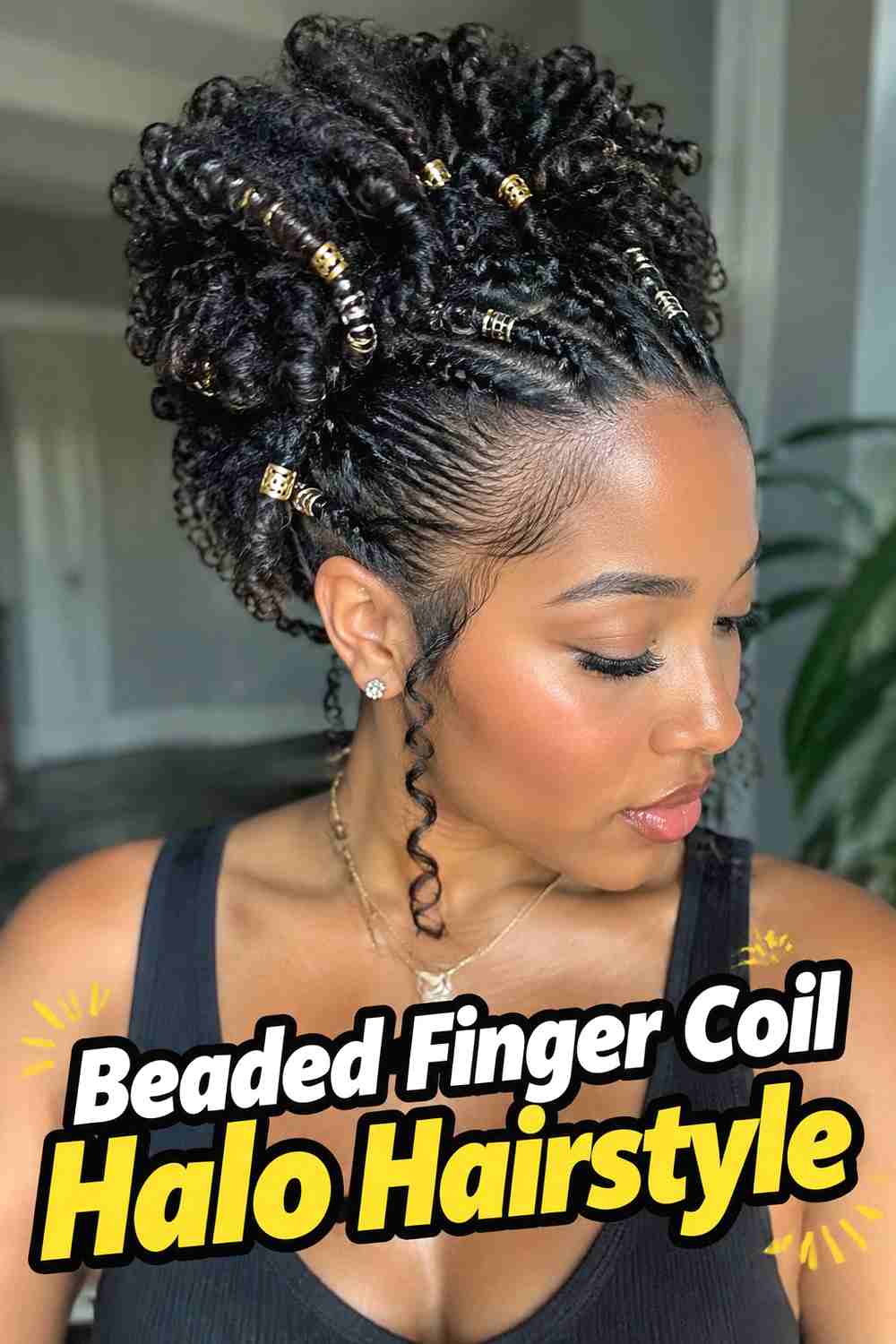 11. Beaded Finger Coil Halo Hairstyle